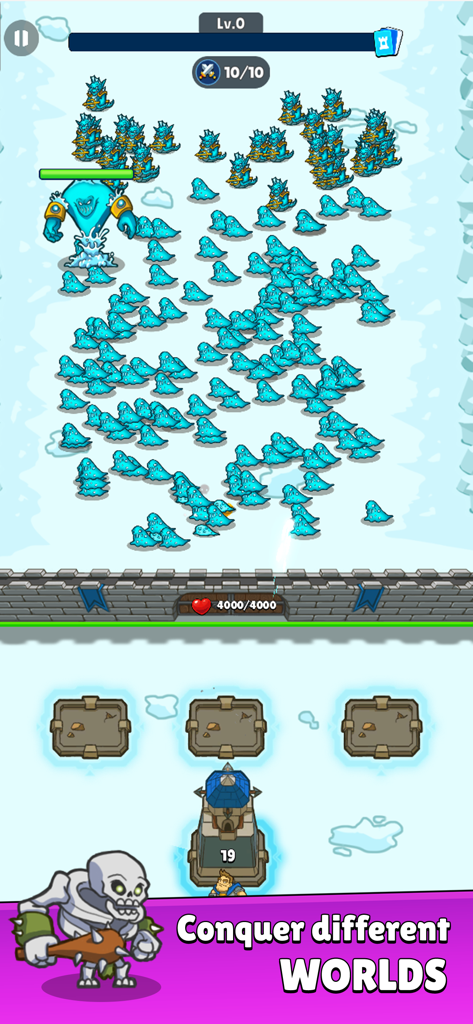 Juego de Herochero mostrando defensa de torres en un mundo helado contra oleadas de enemigos azules