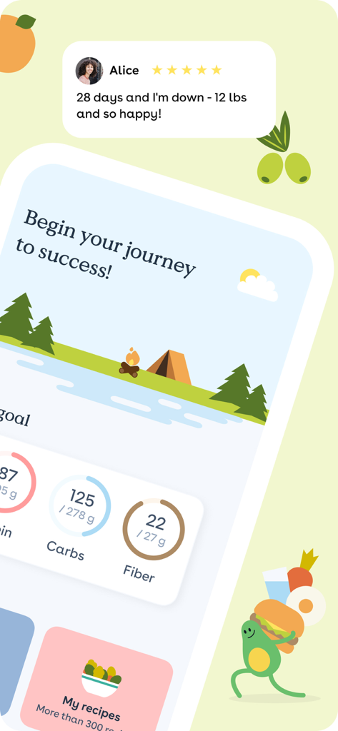 Foodvisor - AI Calorie Counter - Pantalla de la aplicación Foodvisor que muestra una reseña de cinco estrellas de un usuario sobre la pérdida de peso y un panel de nutrición que registra carbohidratos y fibra.