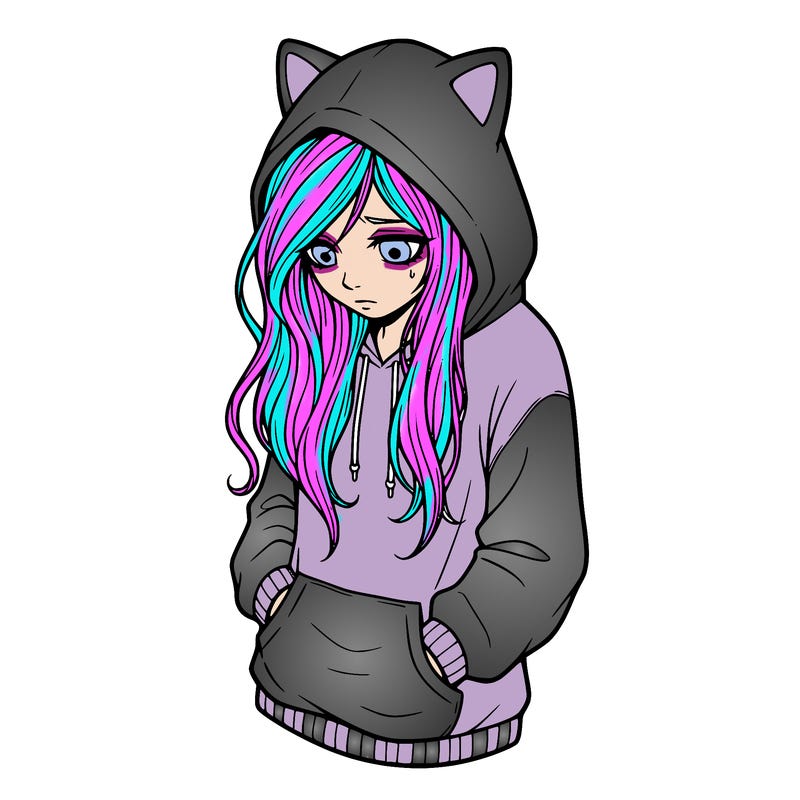 depressed emo girl wearing a cat ear sweatshirt and has long hair