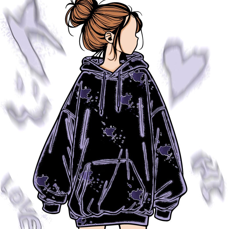 realistic girl with a oversized sweatshirt on and a bun