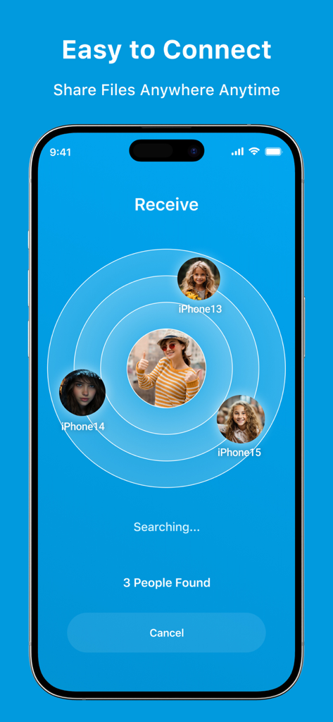 ShareMe app interface showing a radar screen searching for and finding nearby devices to receive files.