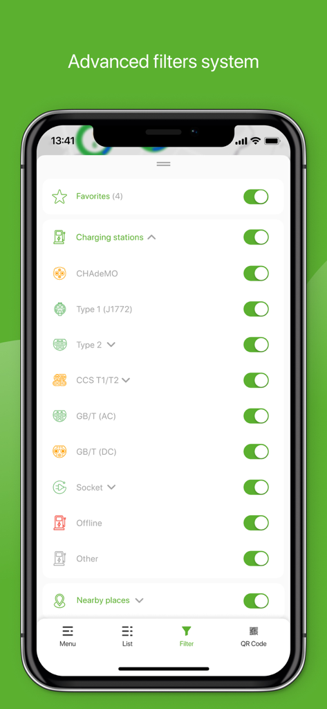 Greencar.me Charge - Interfaz de la aplicación Greencar.me Charge que muestra opciones de filtro avanzadas para estaciones de carga de VEs, incluyendo tipos de enchufe específicos y disponibilidad de la estación
