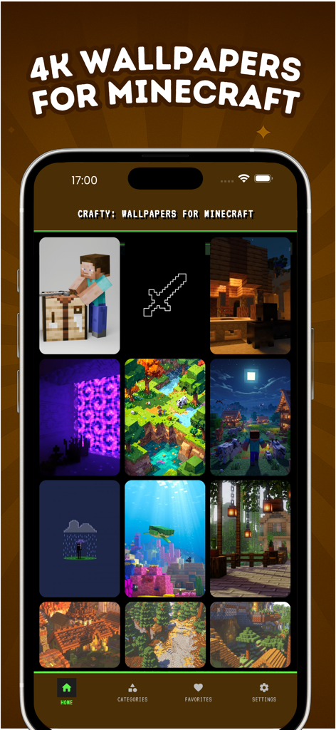 高品質なMinecraftテーマの壁紙のグリッドを表示するモバイルアプリのインターフェース