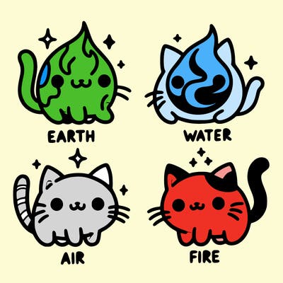 4 cats that represent the different elements, earth, water, air, and fire