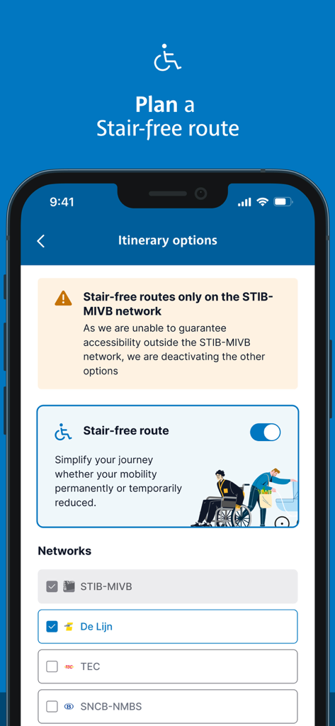 Pantalla de la aplicación STIB-MIVB que muestra la opción de itinerario sin escaleras para viajes accesibles.