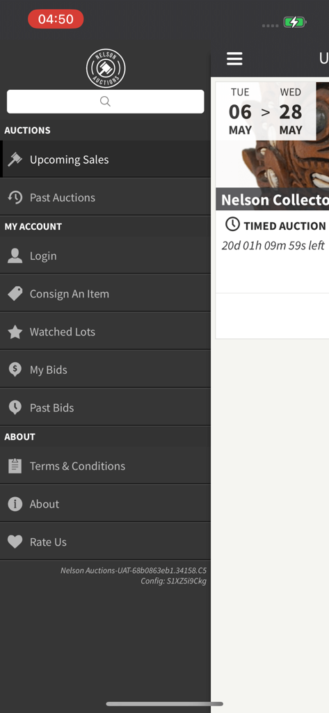 Nelson Auctions NZ - Nelson Auctions NZ mobile app sidebar menu showing navigation links for sales and account management.
