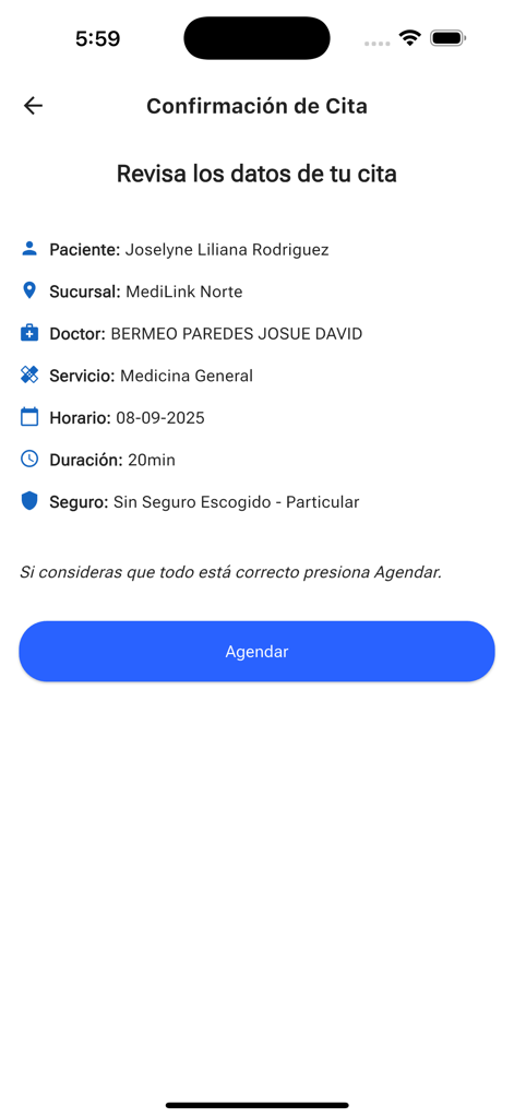 Medilink mobile app screen showing medical appointment confirmation details with an option to schedule.