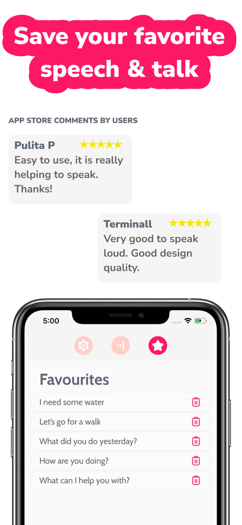 AAC Text to Speech TTS Dinata - Interface showing a list of favorite saved phrases for quick communication and positive user testimonials.