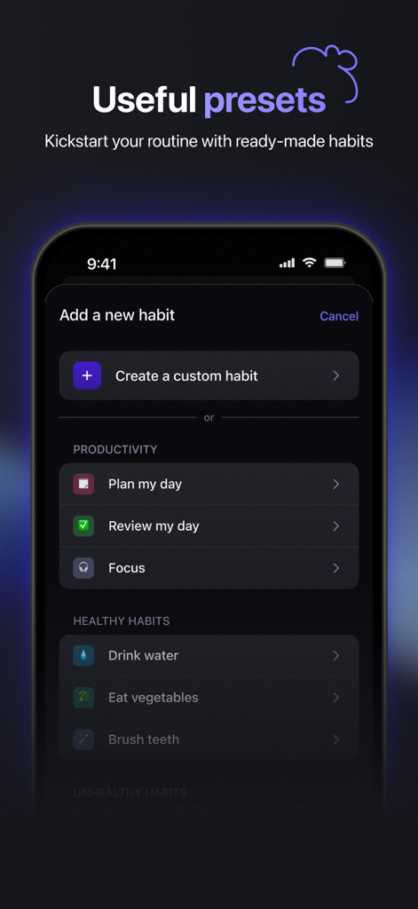 Wisey app interface displaying preset habit templates for productivity and health
