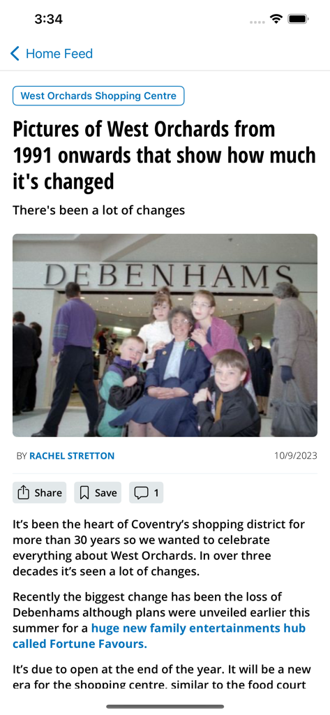 Coventry Live - Coventry Live app screen displaying a local news article about the history of West Orchards Shopping Centre