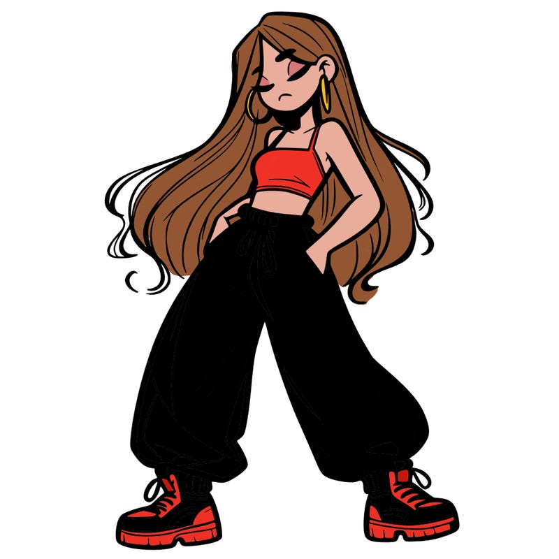 girl in baggy pants crop top and long hair