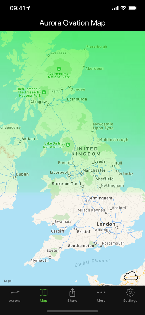 AuroraWatch UK Aurora Alerts - Aurora Ovation Map of the United Kingdom showing green aurora activity intensity over Scotland and Northern England