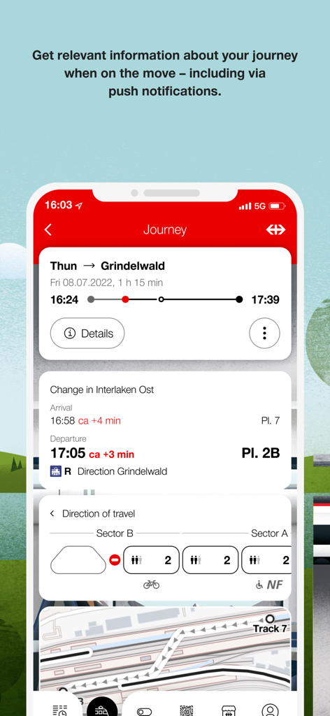 SBB Mobile app displaying real-time journey details including delays, platform numbers, and train formation for Swiss rail travel.