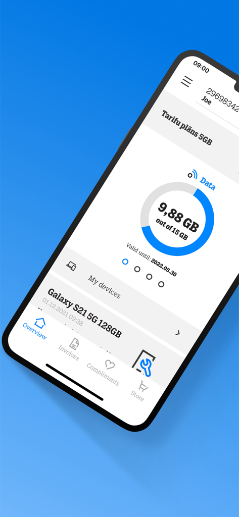 Mobile app interface of Mans Tele2 showing mobile data usage statistics and managed devices