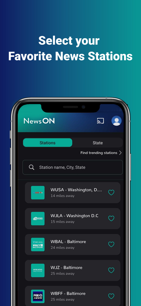 NewsON - Local News & Weather - NewsON app interface showing local news station selection and favorites list