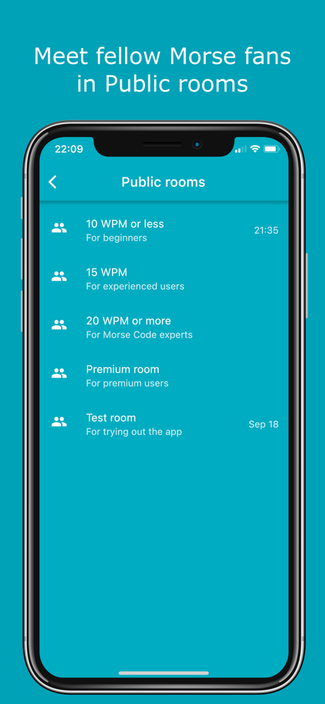 Morse Chat: Chat in Morse Code - Morse Chat app interface showing public chat rooms categorized by Morse code speed levels for beginners and experts