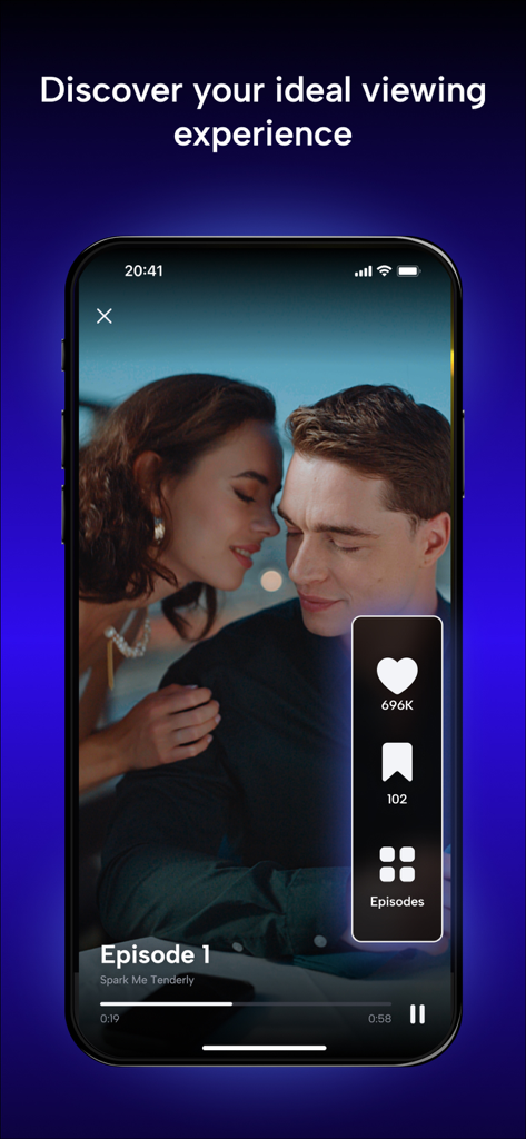 A mobile screenshot of the MyDrama app showing a vertical romantic drama episode with social media engagement icons