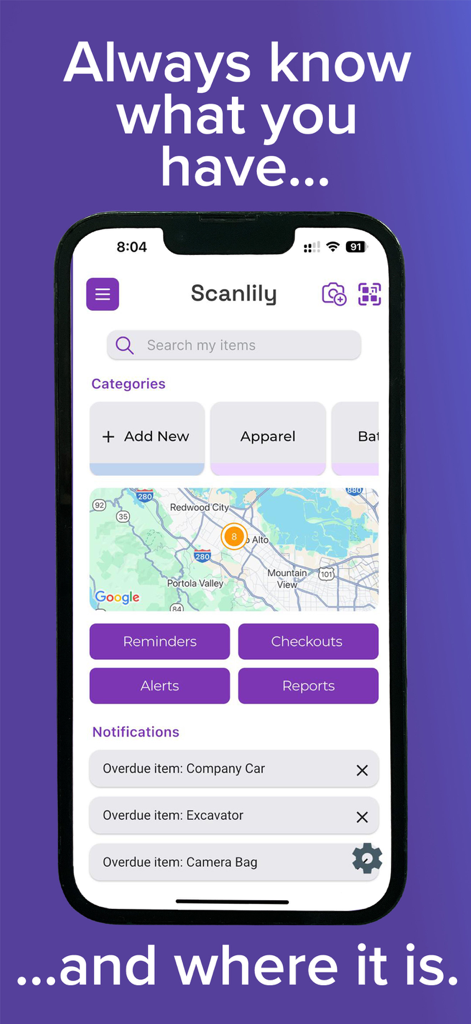 Scanlily: Organize with AI - Scanlily app interface showing inventory categories, a GPS map for asset tracking, and overdue item notifications.
