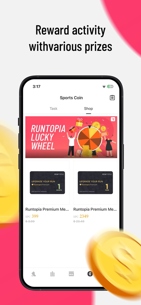 Runtopia app interface showing the Sports Coin shop where users can redeem activity points for prizes like memberships and lucky wheel spins