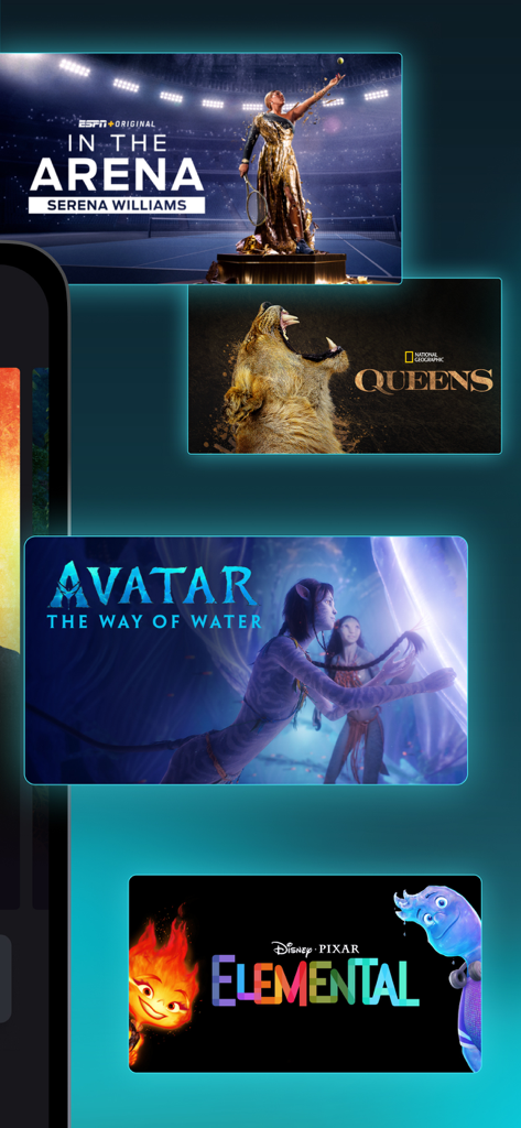 Disney Plusアプリのインターフェイスに、Avatar The Way of Water、Pixar Elemental、ESPN、National Geographicのコンテンツタイルが表示されています。