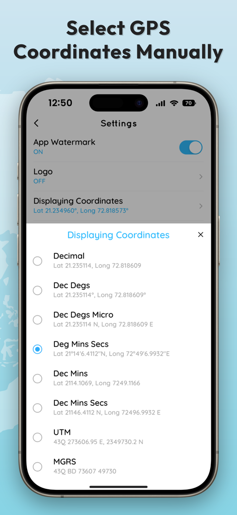 Settings screen showing multiple GPS coordinate format options like Decimal UTM and MGRS