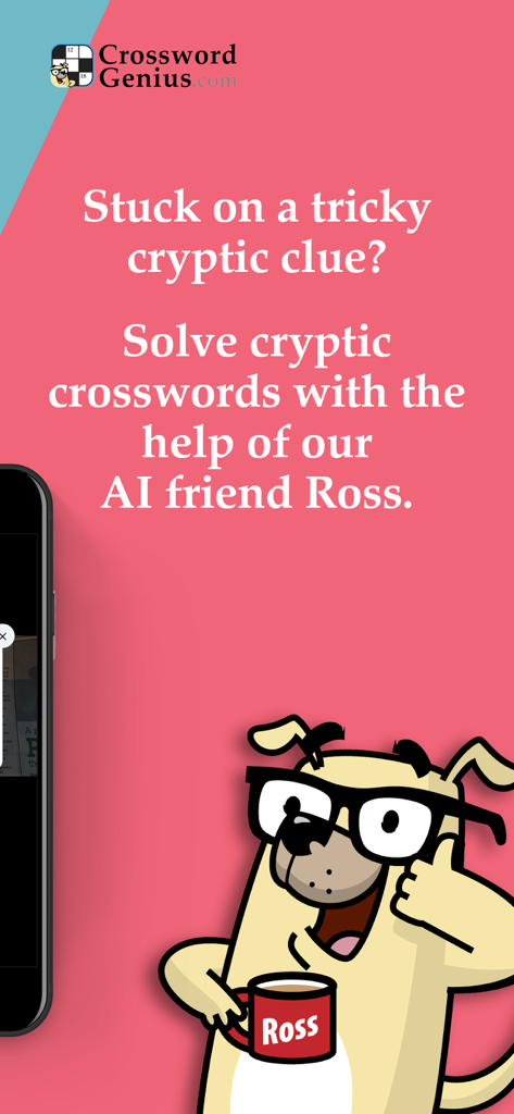 Crossword Genius - Crossword Genius app screen featuring Ross the AI dog character offering help with cryptic crossword clues