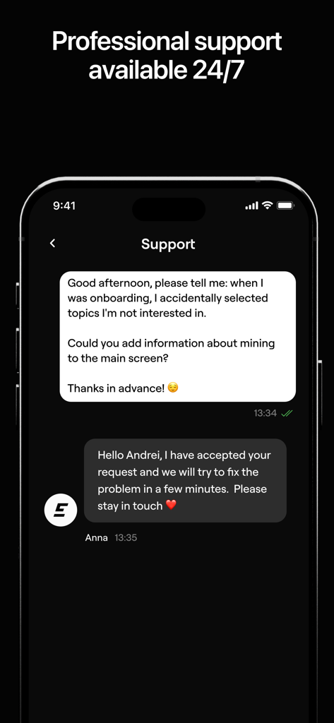EMCD: Bitcoin & Crypto Mining - Interface of the EMCD app showing a professional support chat available 24/7 for crypto mining assistance.