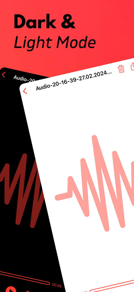 오디오 파형과 함께 어둡고 밝은 모드 테마를 보여주는 Noise Reducer AI 앱 인터페이스