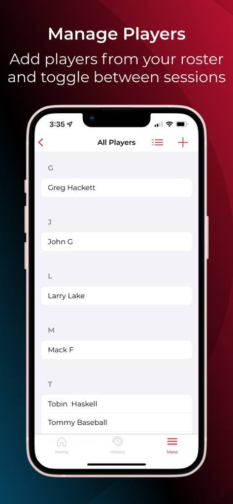 Pocket Radar® Sports - Pocket Radar app interface for managing a player roster and athletes.