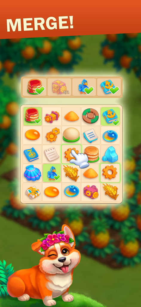 The Farmers: Island Adventure - Merge puzzle gameplay screen with various items and a cute winking corgi wearing a flower crown