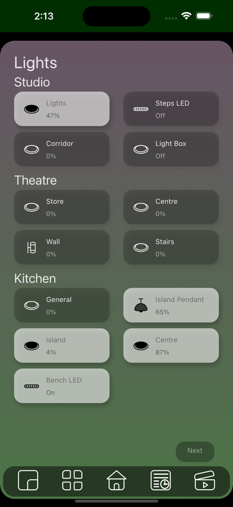CTC SpaceLogic - CTC SpaceLogic app interface displaying smart home lighting controls for studio theatre and kitchen areas