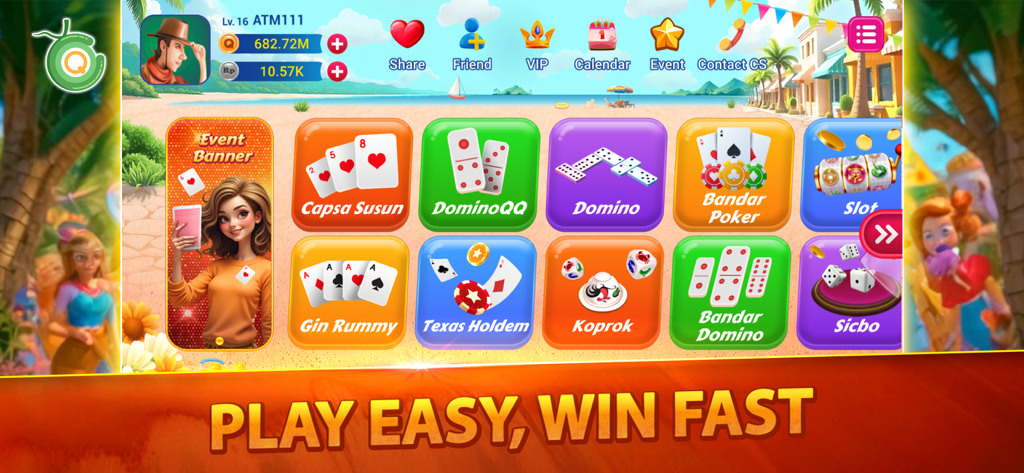 Coco - Capsa Domino QQ Poker - Main menu of the Coco game showing various card and domino games with a tropical beach theme