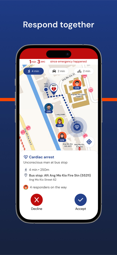 myResponder - myResponder app interface showing a map with a cardiac arrest alert and responder icons
