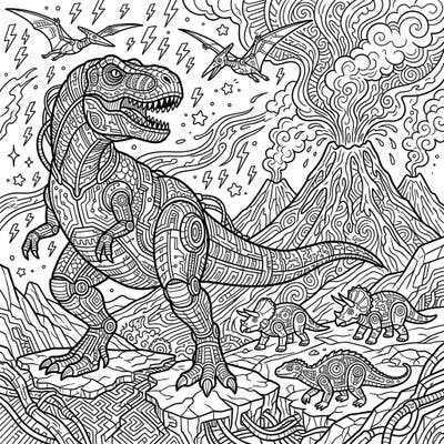Unleash your creativity with this extraordinary coloring page featuring a powerful T-Rex and other prehistoric creatures fused with intricate Zentangle patterns and futuristic cyberpunk elements. Explore a unique world where ancient history meets a high-tech future, offering a truly captivating and challenging coloring experience.