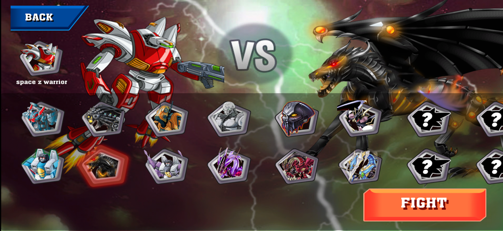 Robot Battle character selection screen showing a red warrior robot versus a mechanical dragon boss