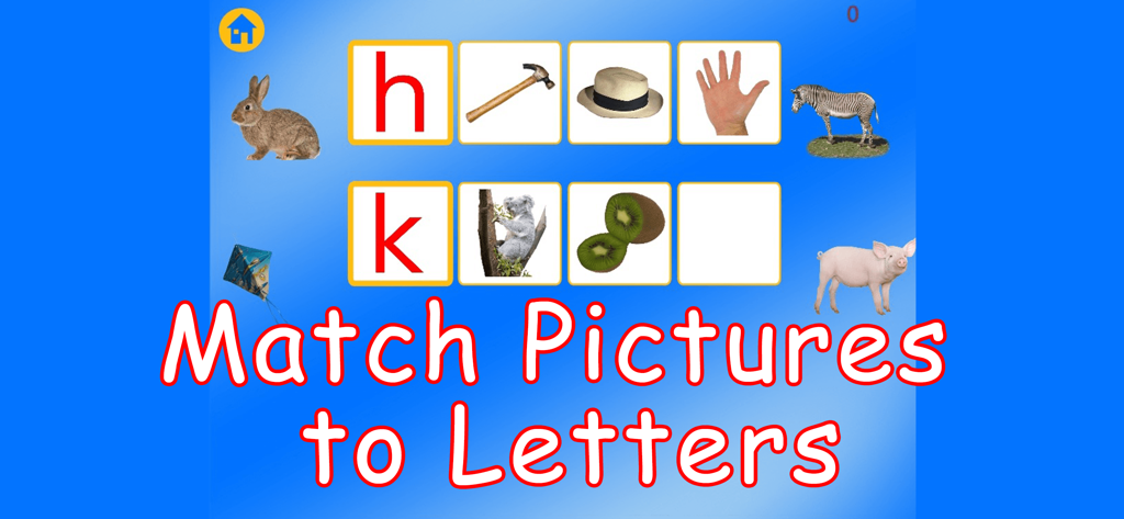 ABC MAGIC PHONICS - A learning screen from ABC Magic Phonics showing a matching game between lowercase letters and pictures of objects starting with those sounds