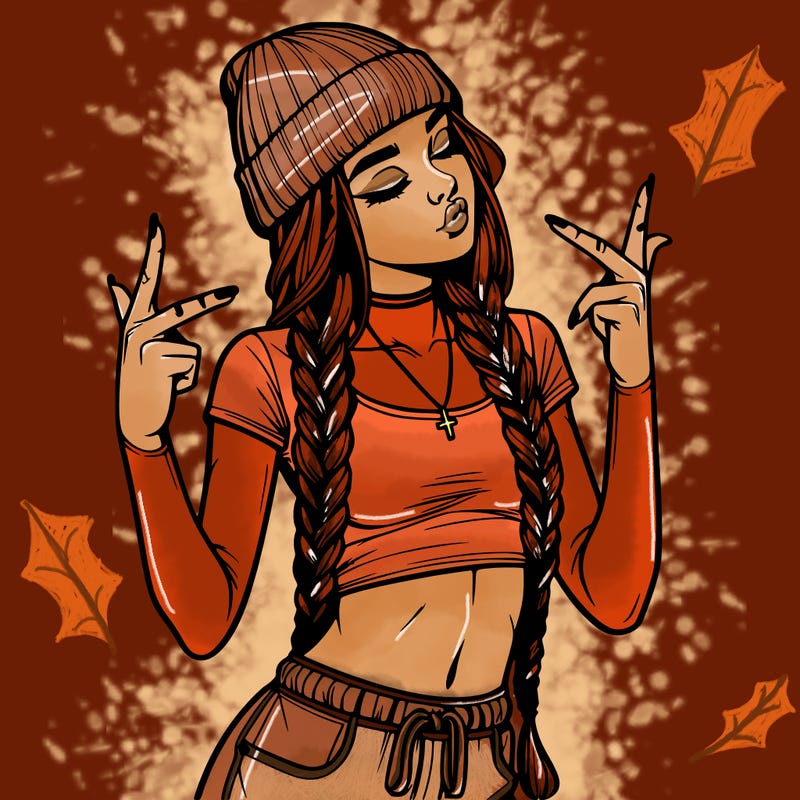 realistic teenage girl with braids and a beanie and crop top doing 🫶🏼