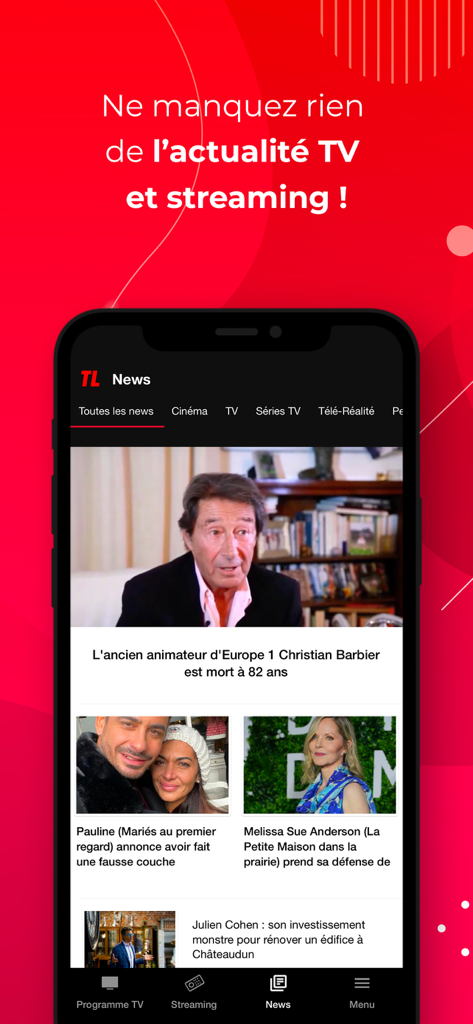 Programme TV Télé-Loisirs - Écran de smartphone montrant la section Actualités de l'application Programme TV Tele-Loisirs avec divers articles sur les célébrités et la télévision
