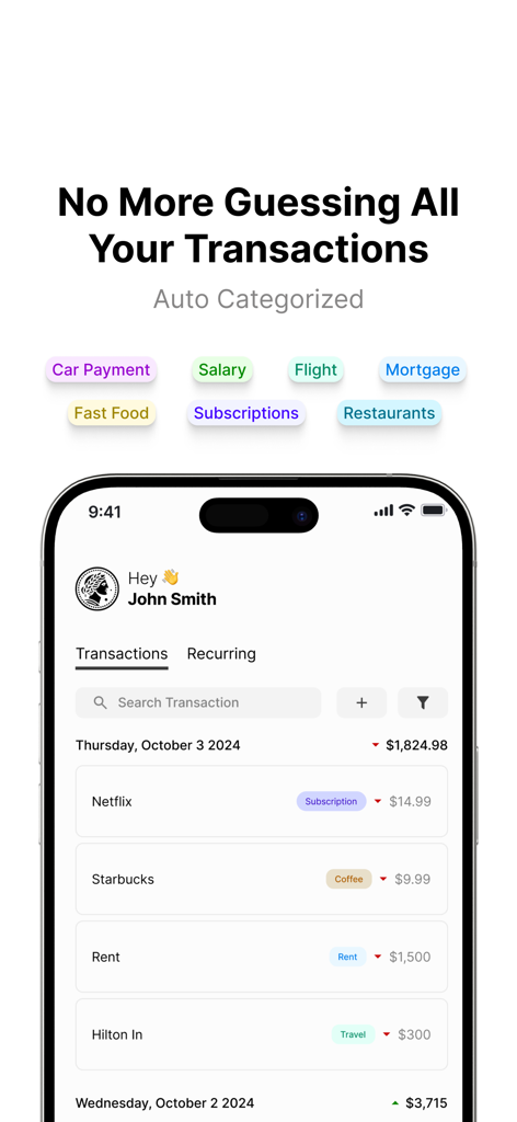 WalletWize: Track Money Better - 구독 및 월세와 같은 자동 분류된 거래 내역이 표시된 WalletWize 앱을 보여주는 스마트폰