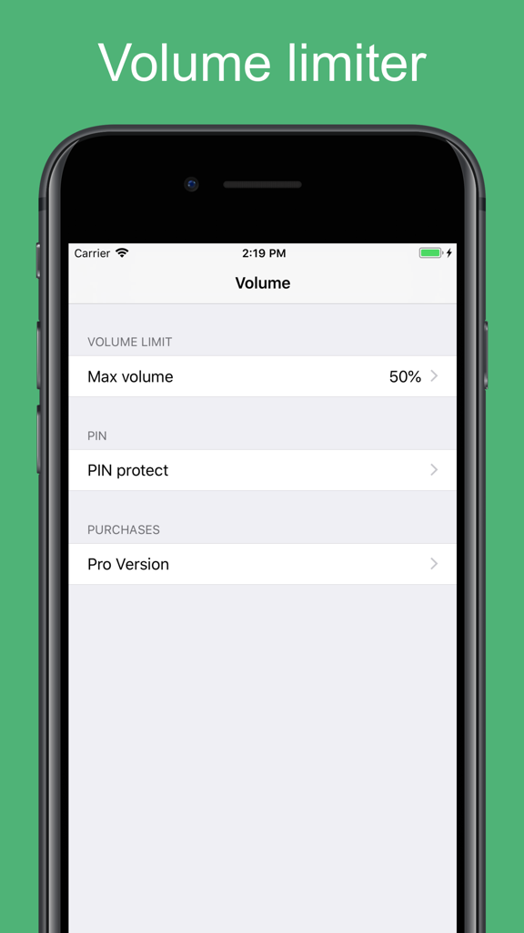 Volume Limit Control - Interfaz de la aplicación Control de Límite de Volumen mostrando la configuración de volumen máximo y la función de protección con PIN.