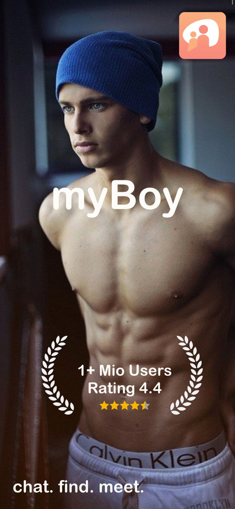 Promotional screen for myBOY gay dating app featuring a muscular man and high user ratings
