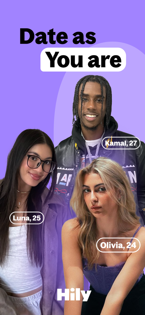 Diverse young adults on the Hily dating app with the slogan Date as You Are
