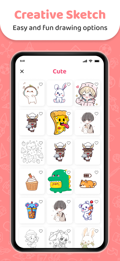 A mobile app interface displaying a library of cute cartoon and anime sketch templates for drawing.