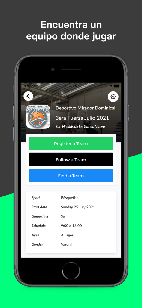 Sportwey - Sportwey mobile app interface for finding and joining a local basketball league
