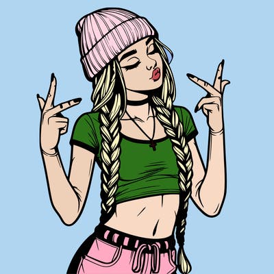 realistic teenage girl with braids and a beanie and crop top doing 🫶🏼