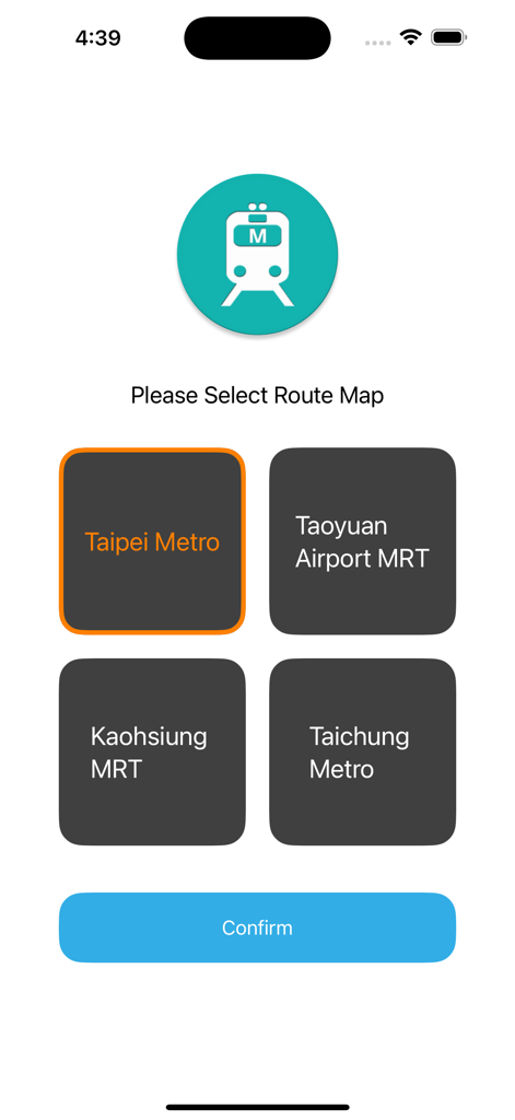 Taiwan MRT - Easy To Travel ! - Schermata dell'app MRT di Taiwan per selezionare le mappe dei percorsi della metropolitana, tra cui Taipei Taoyuan Kaohsiung e Taichung