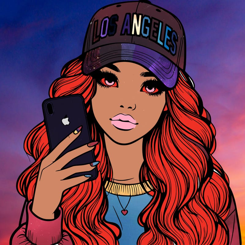 realistic beautiful girl wearing los ángeles cap holding an iphone
