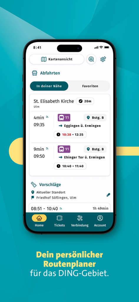 unser-DING - A smartphone displaying real-time bus departures and route planning within the unser-DING transit app.