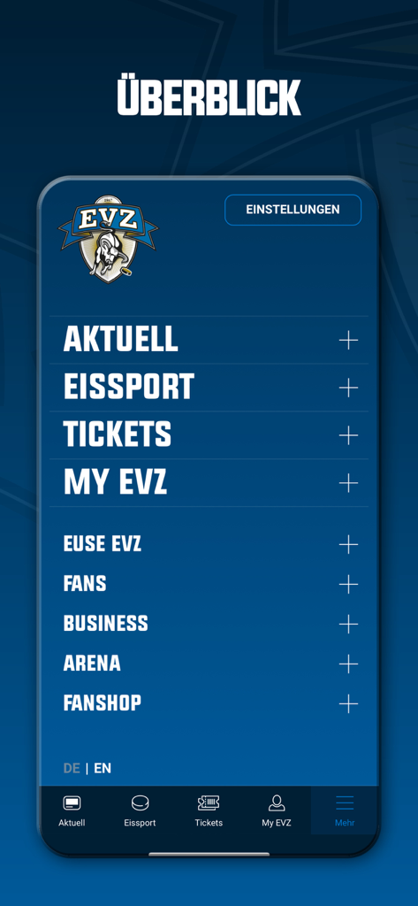 EVZ - Main navigation menu of the EVZ ice hockey app overview screen