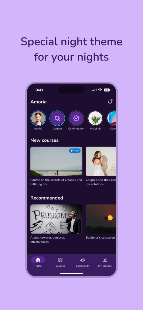 Amoria - Interfaz de la aplicación educativa Amoria que muestra su tema nocturno oscuro y cursos recomendados.
